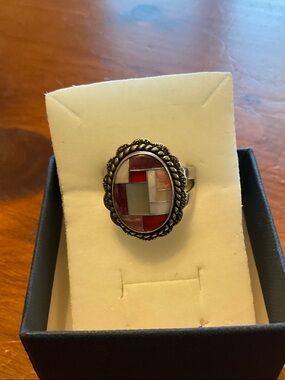 Carolyn Pollack Sterling Silver Mosaic Inlay Oval Ring - Red and White